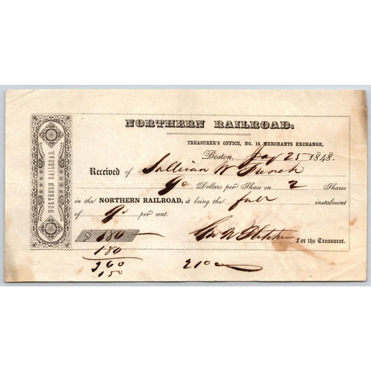 1848 Northern Railroad Boston Treasurer's Stock Purchase Receipt