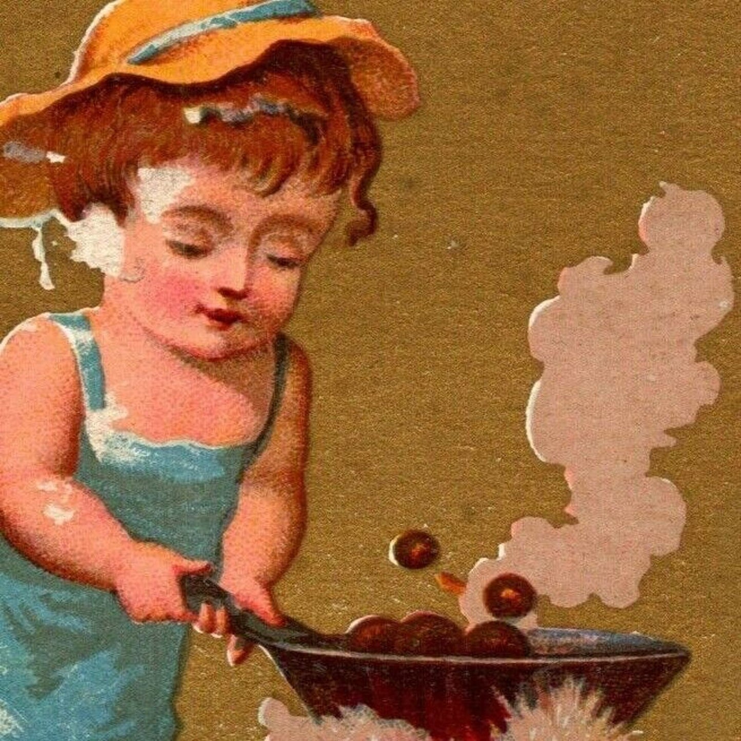 Gilt "Novembre" Child Cooking Pan Stove (Soapine) Unmarked Victorian Trade Card