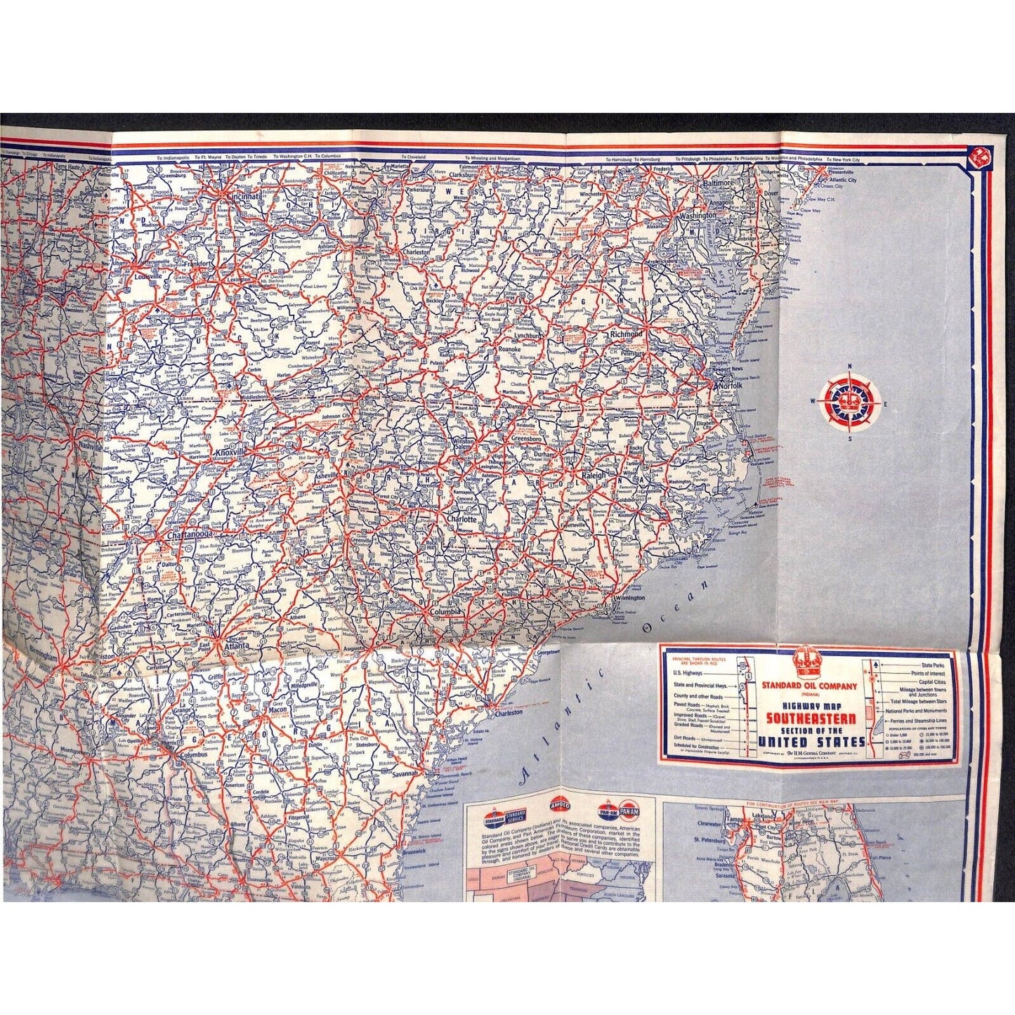 Standard Oil Highway Map of South Eastern United States c1930's 18" x 34" VGC
