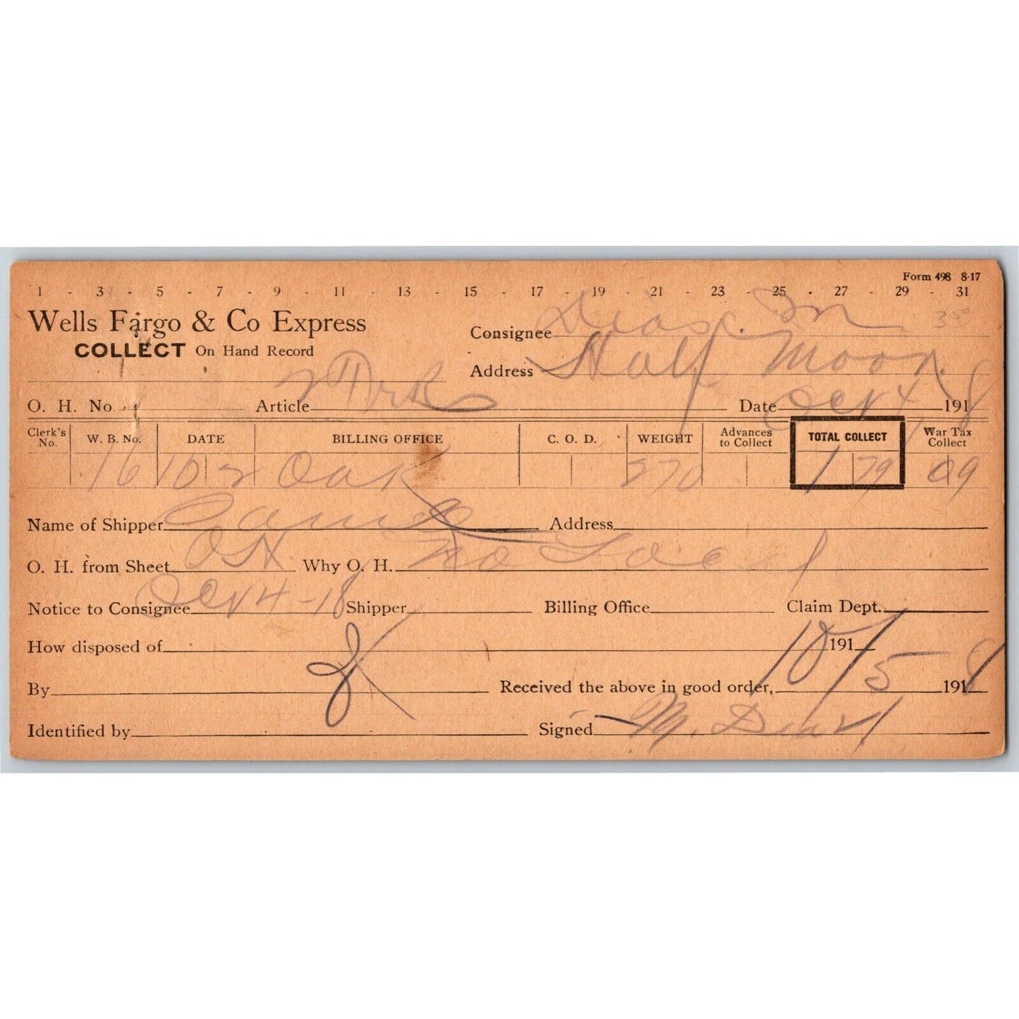 1918 Wells Fargo & Co Express - Manila "Collect - On Hand Record" Card