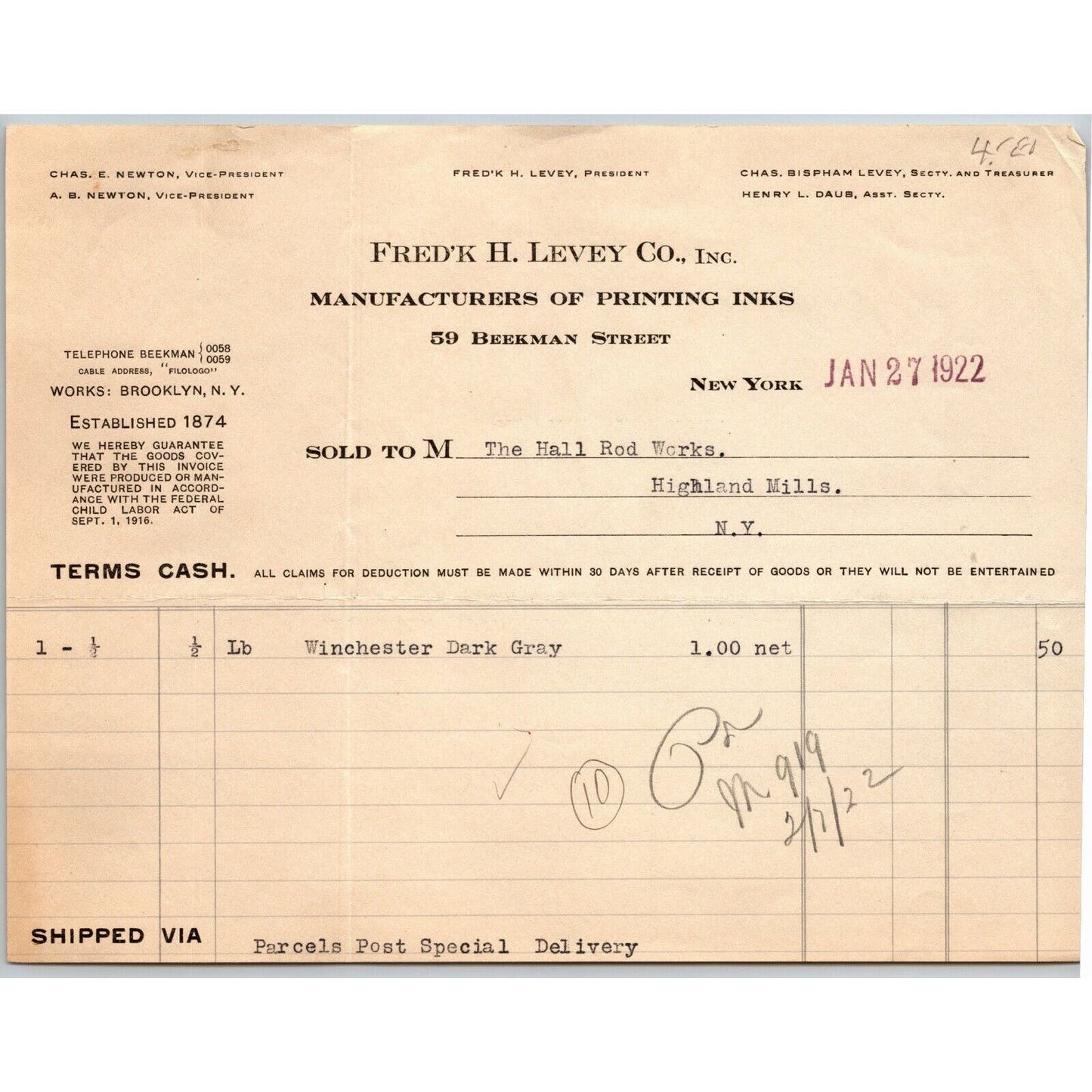 1922 NY, NY Letterhead Frederick H. Levey Co. Printing Inks Beekman Street