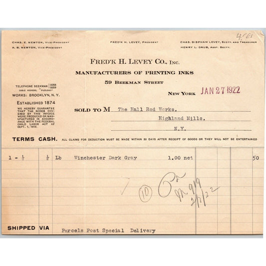 1922 NY, NY Letterhead Frederick H. Levey Co. Printing Inks Beekman Street
