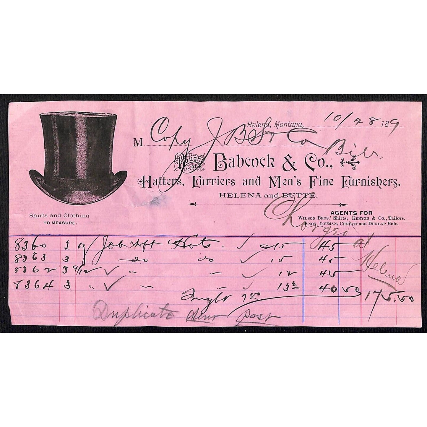 Helena Butte Montana Babcock & Co. Hatters Furriers - c1892 Billhead w/ Top Hat
