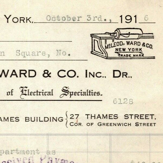 1916 McLeod, Ward & Co. Electrical Letterhead Billhead 27 Thames St. NYC