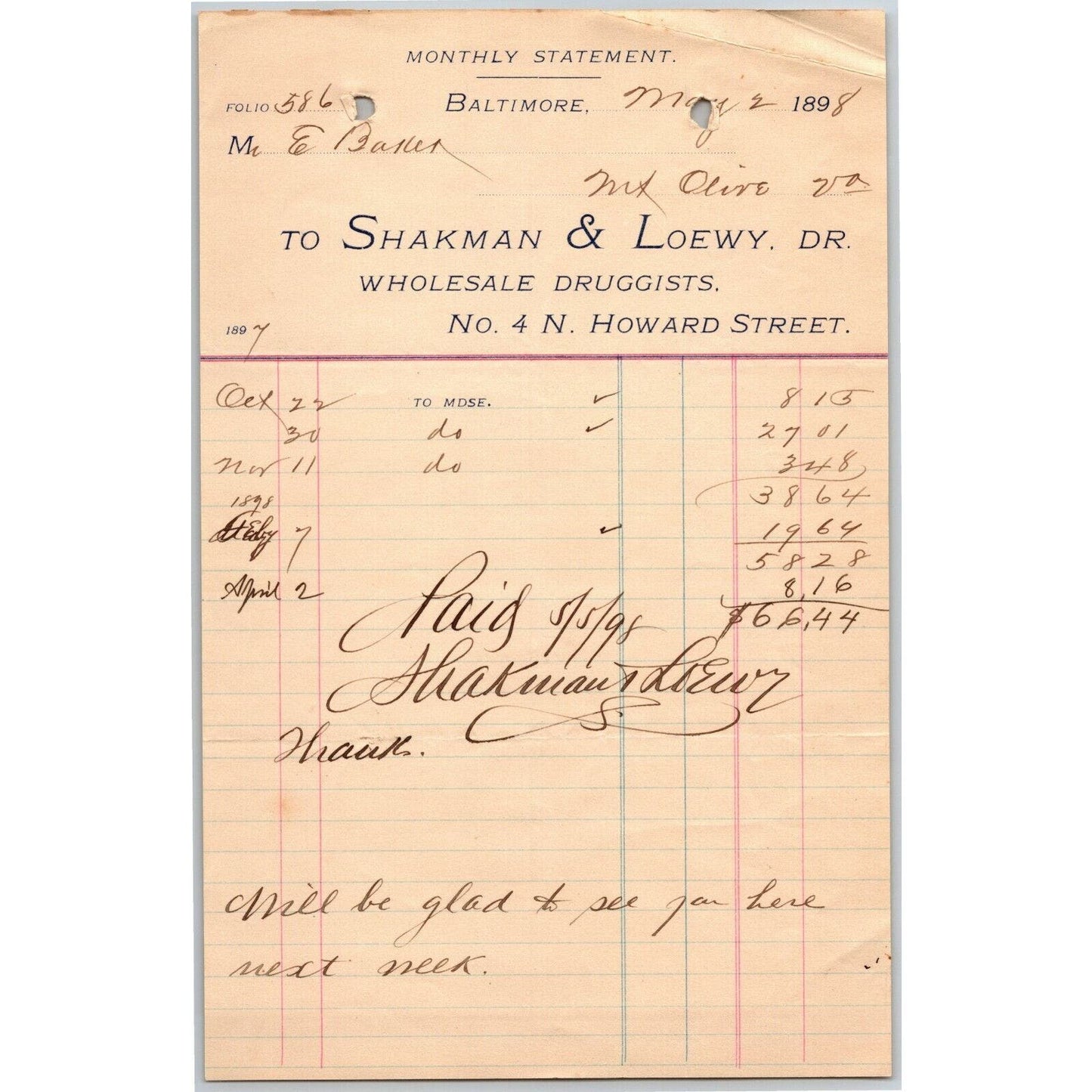 1898 Letterhead Billhead - Shakman & Loewy Druggists Baltimore - Ephraim Baker*