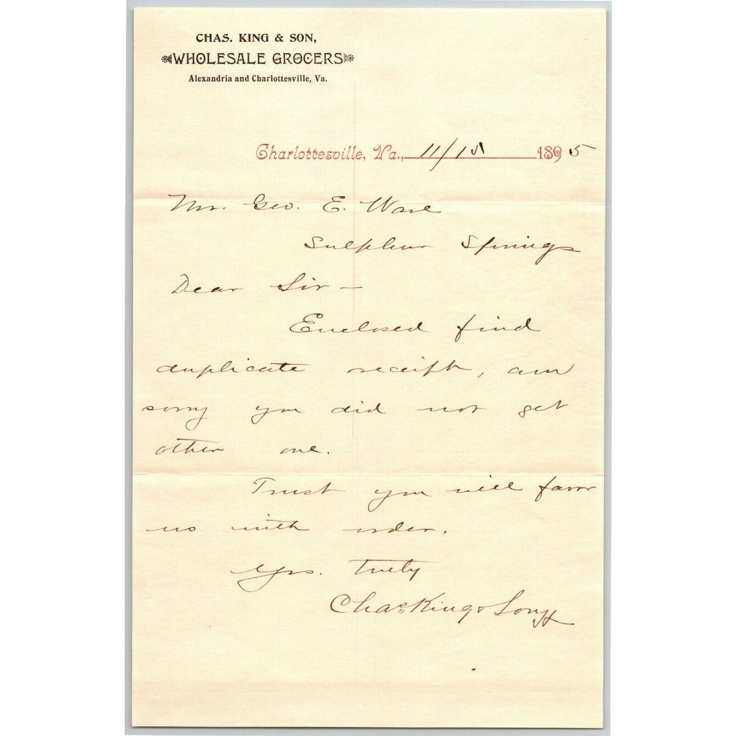 1895 Scarce Chas. King & Son Grocer Letterhead Alexandria Charlottesville, VA