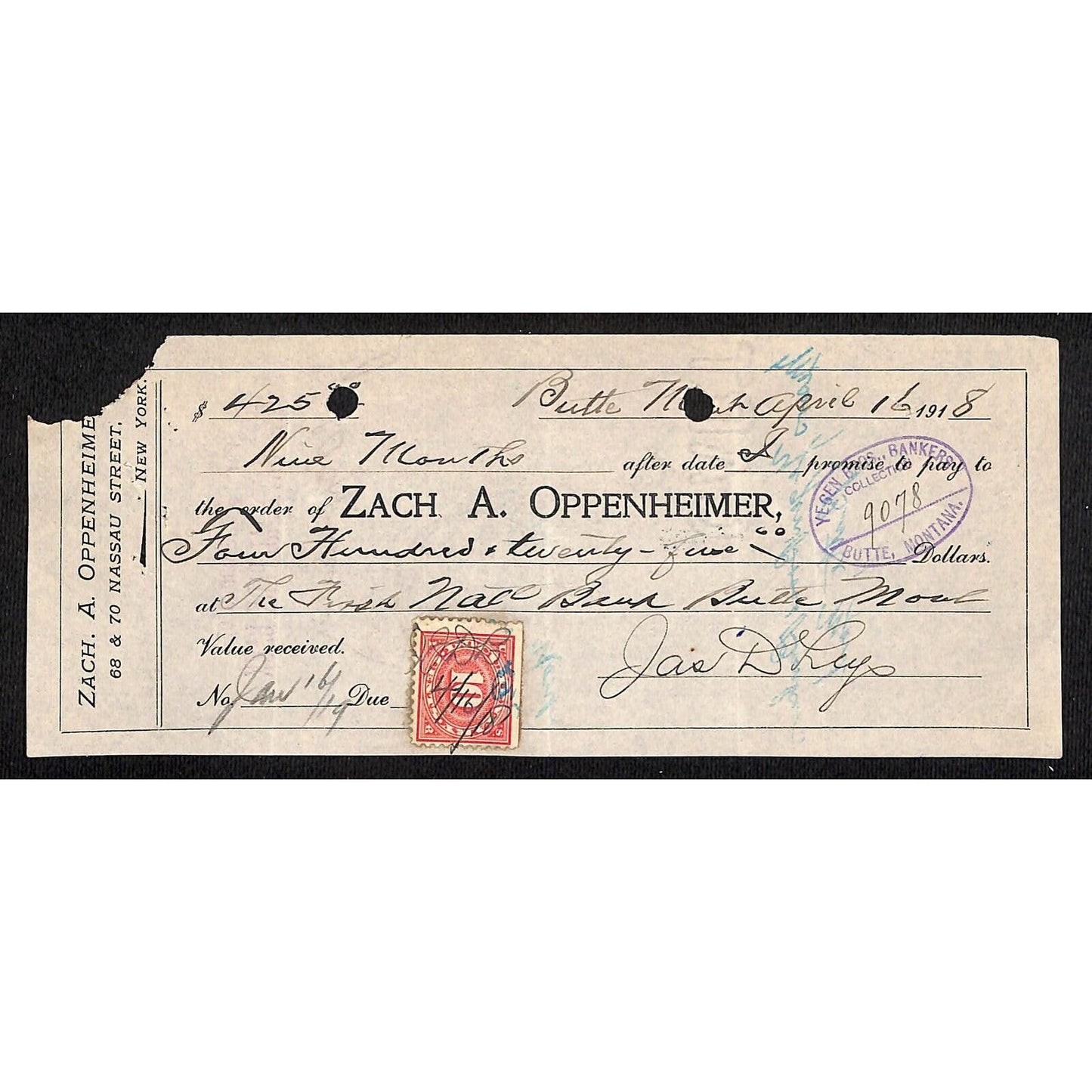 Zach A Oppenheimer / Leys Jewelry Butte, MT 1918 $425 Promissory Note