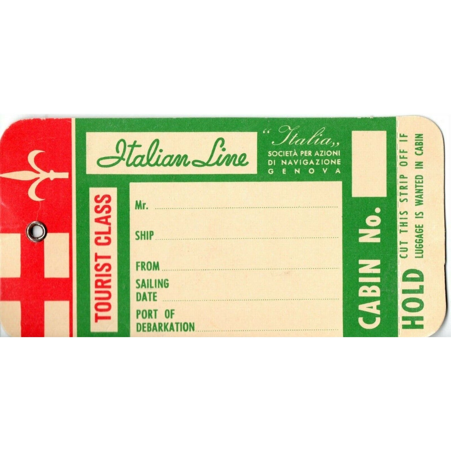 Vintage Tourist Class "Italian Line" Luggage Tag Hold Red Green - Unused