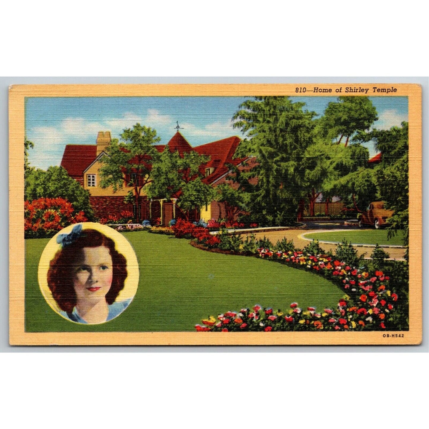 Vintage Linen Postcard Shirley Temple's Home w/ Inset Portrait