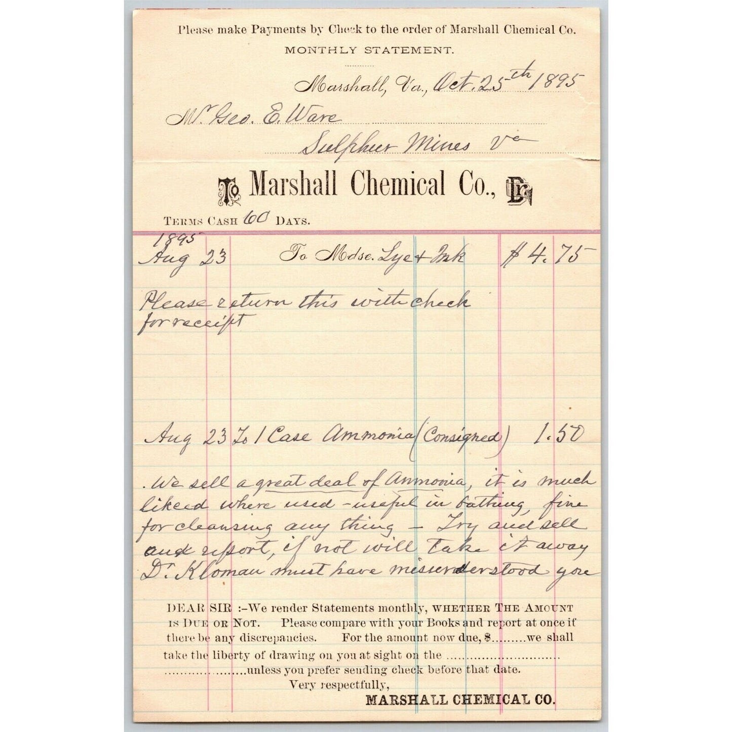 1895 Scarce Marshall Chemical Co Billhead Letterhead Sulphur Mines Virginia