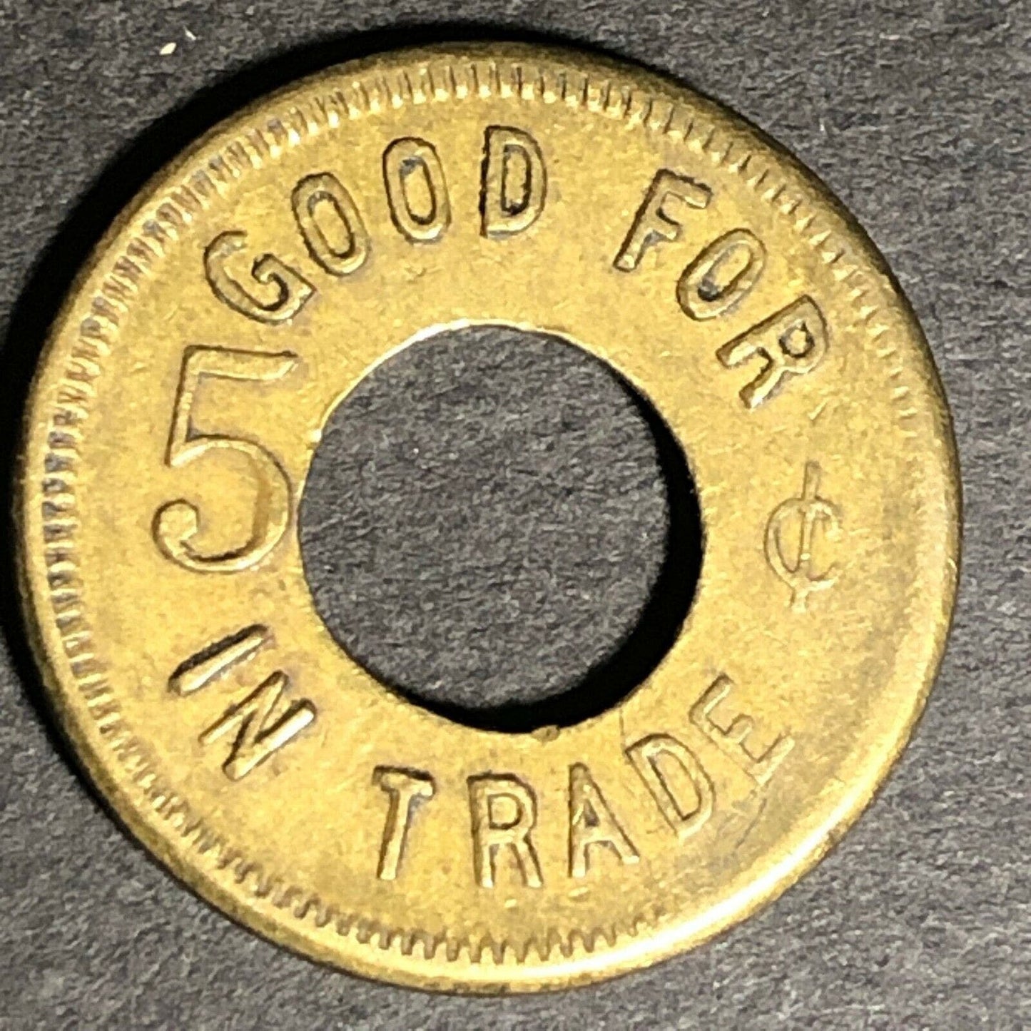 21mm c1914 Brass Western Canada Novelty Good for 5 Cents in Trade Donut Token