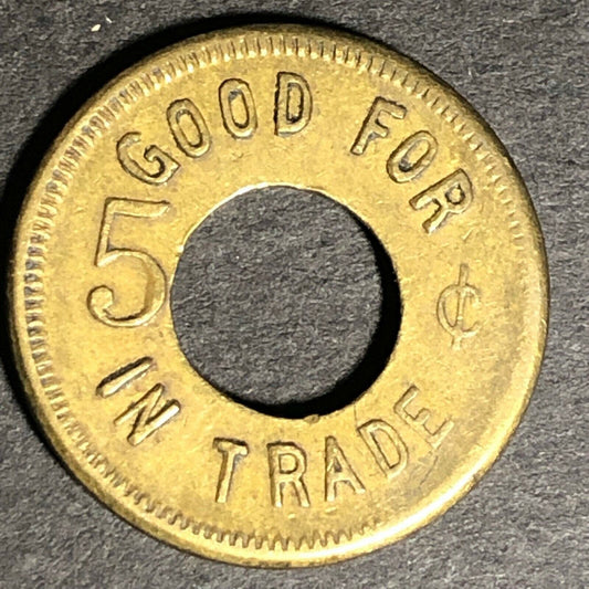 21mm c1914 Brass Western Canada Novelty Good for 5 Cents in Trade Donut Token