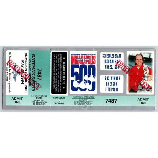1994 Indy 500 Participant Ticket Stub #7487 - Ron Burton Estate