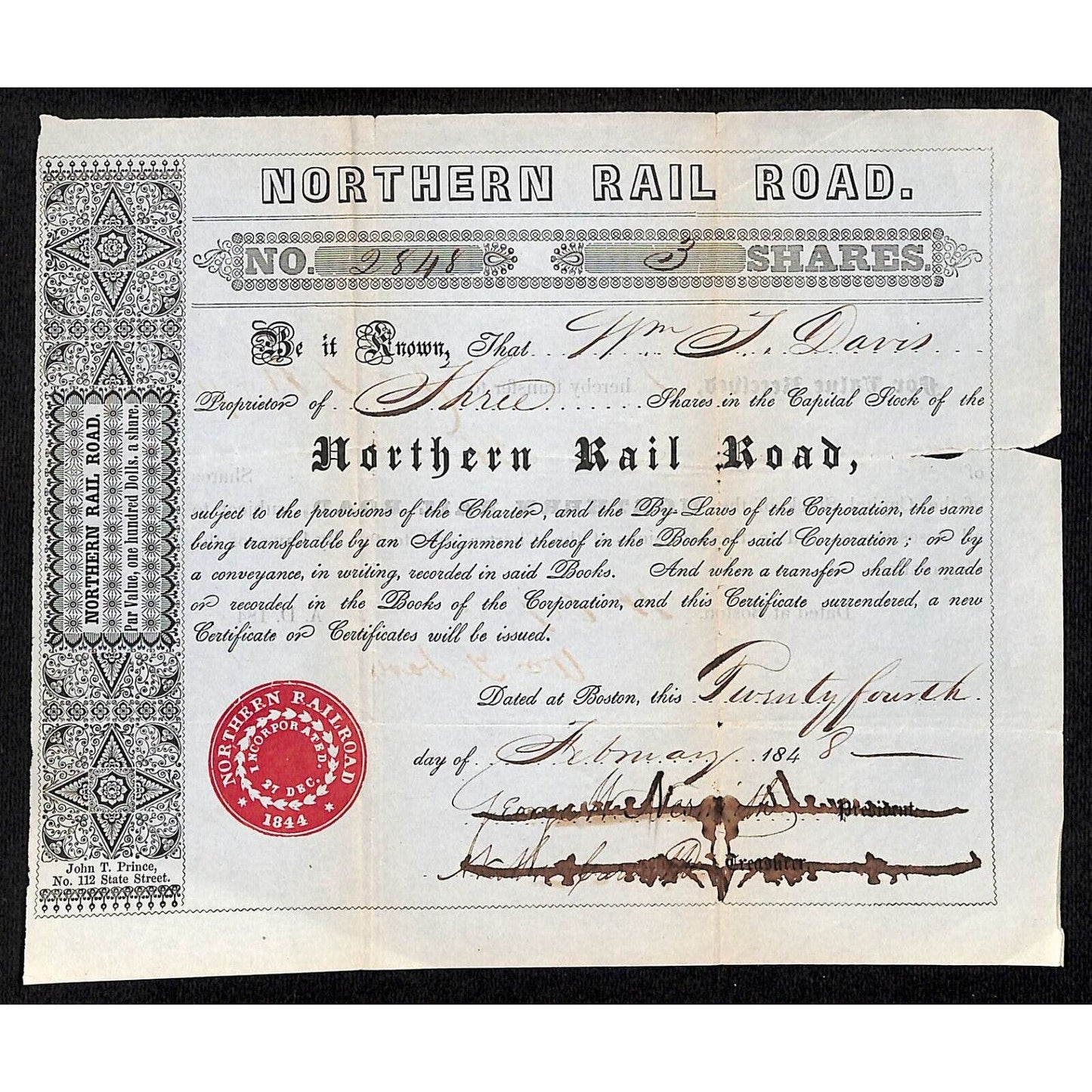 1848 Boston, MA Northern Railroad Stock Certificate No. 2848 for 3 Shares