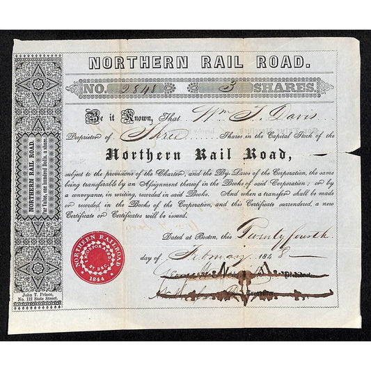 1848 Boston, MA Northern Railroad Stock Certificate No. 2848 for 3 Shares