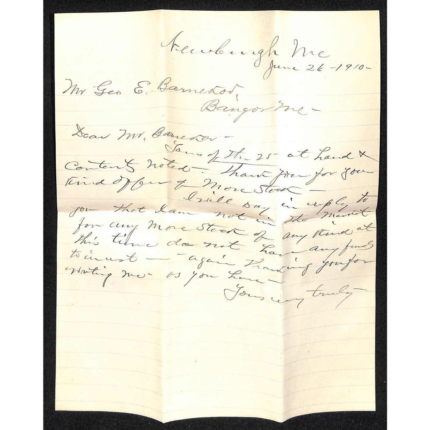 Newburgh, ME Amos W. Knowlton* 1911 Bangor House George E. Barnekove ALS + Cover