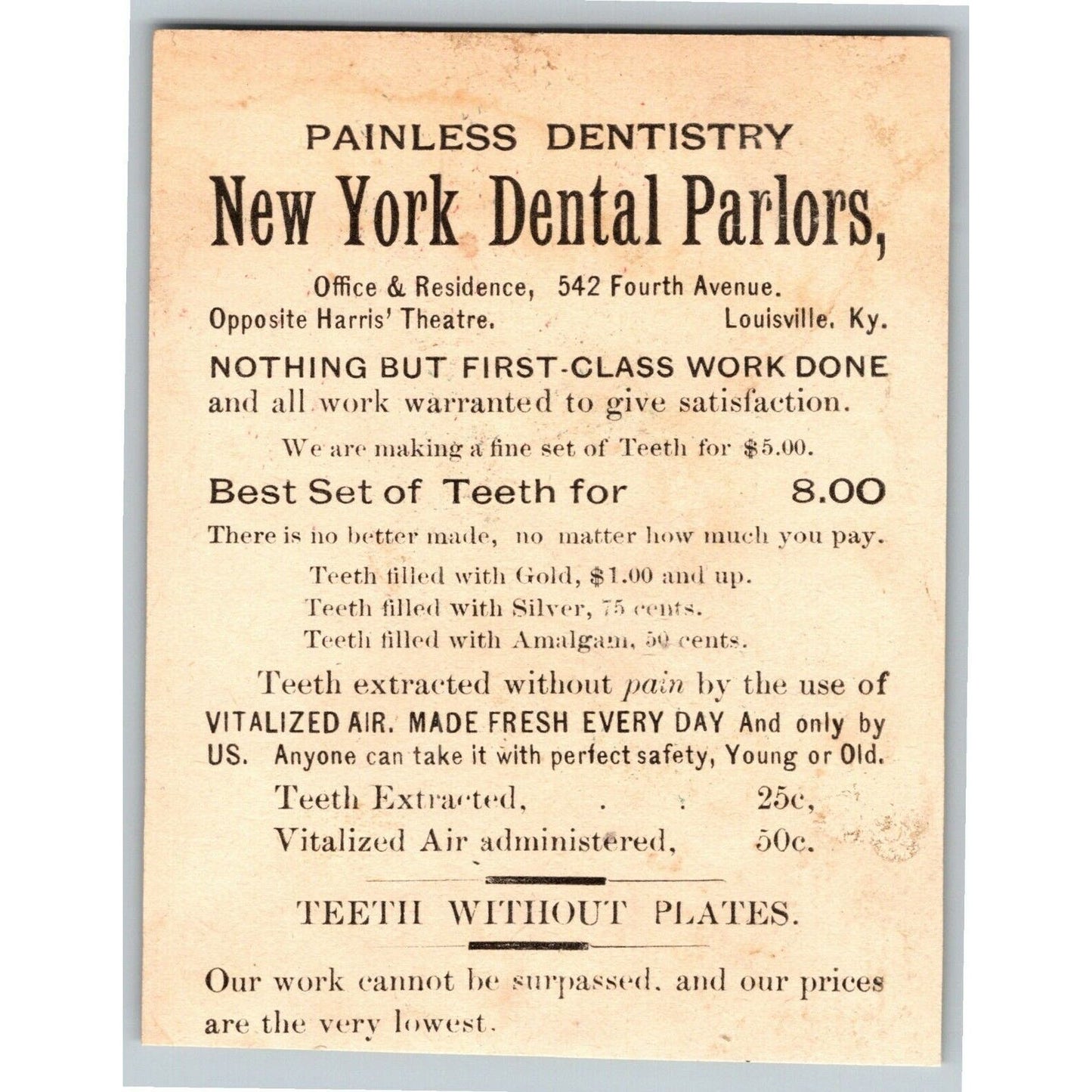 New York Dental Parlors Victorian Trade Card Louisville, KY "Painless Dentistry"