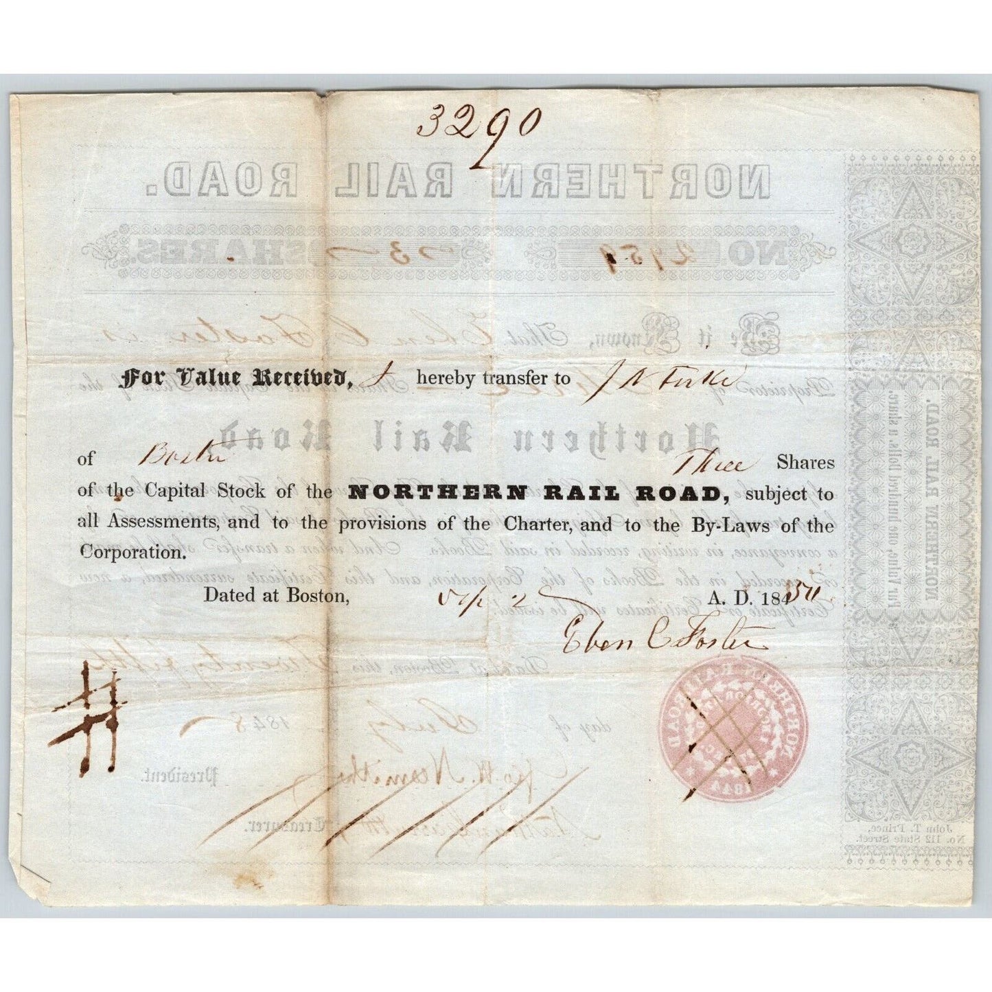 1848 Boston, MA Northern Railroad Stock Certificate No. 2959 for 3 Shares