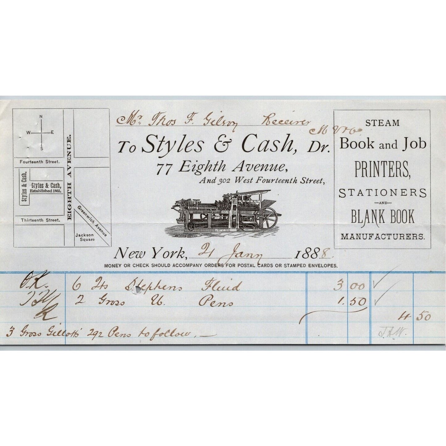 1888 Styles & Cash Book Printers Stationers Billhead Letterhead 77 8th Ave NYC