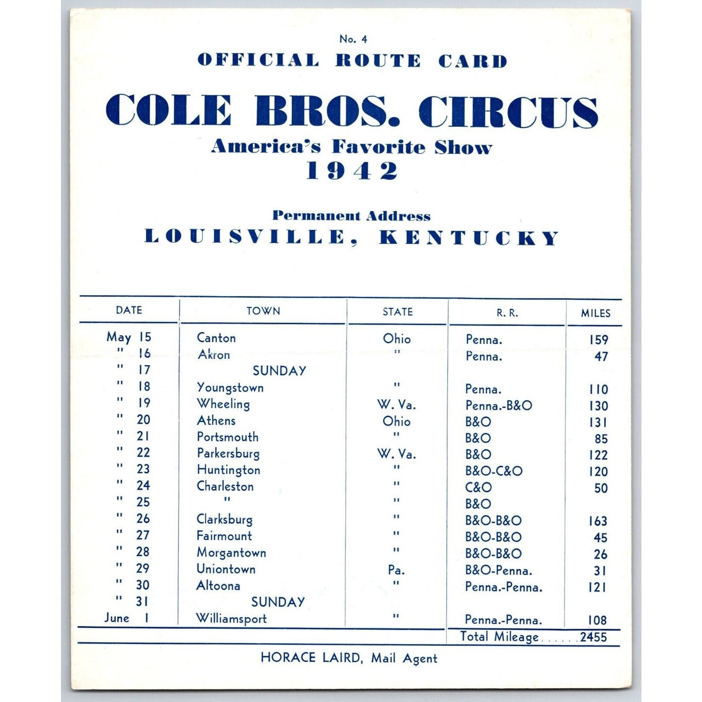 1942 Cole Bros Circus Route Card Ohio West Virginia Pennsylvania