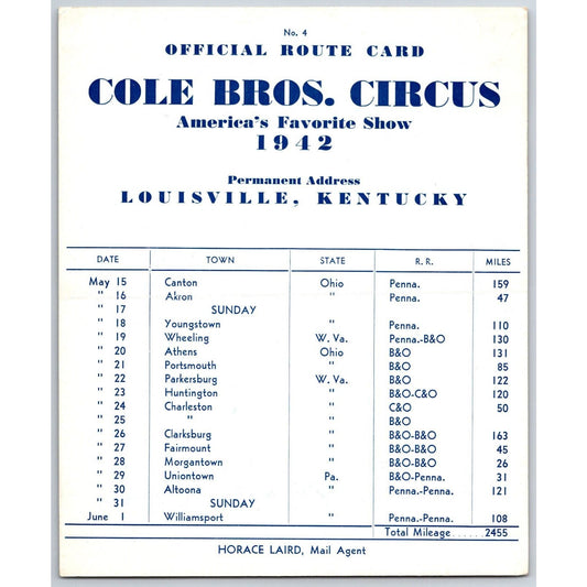 1942 Cole Bros Circus Route Card Ohio West Virginia Pennsylvania