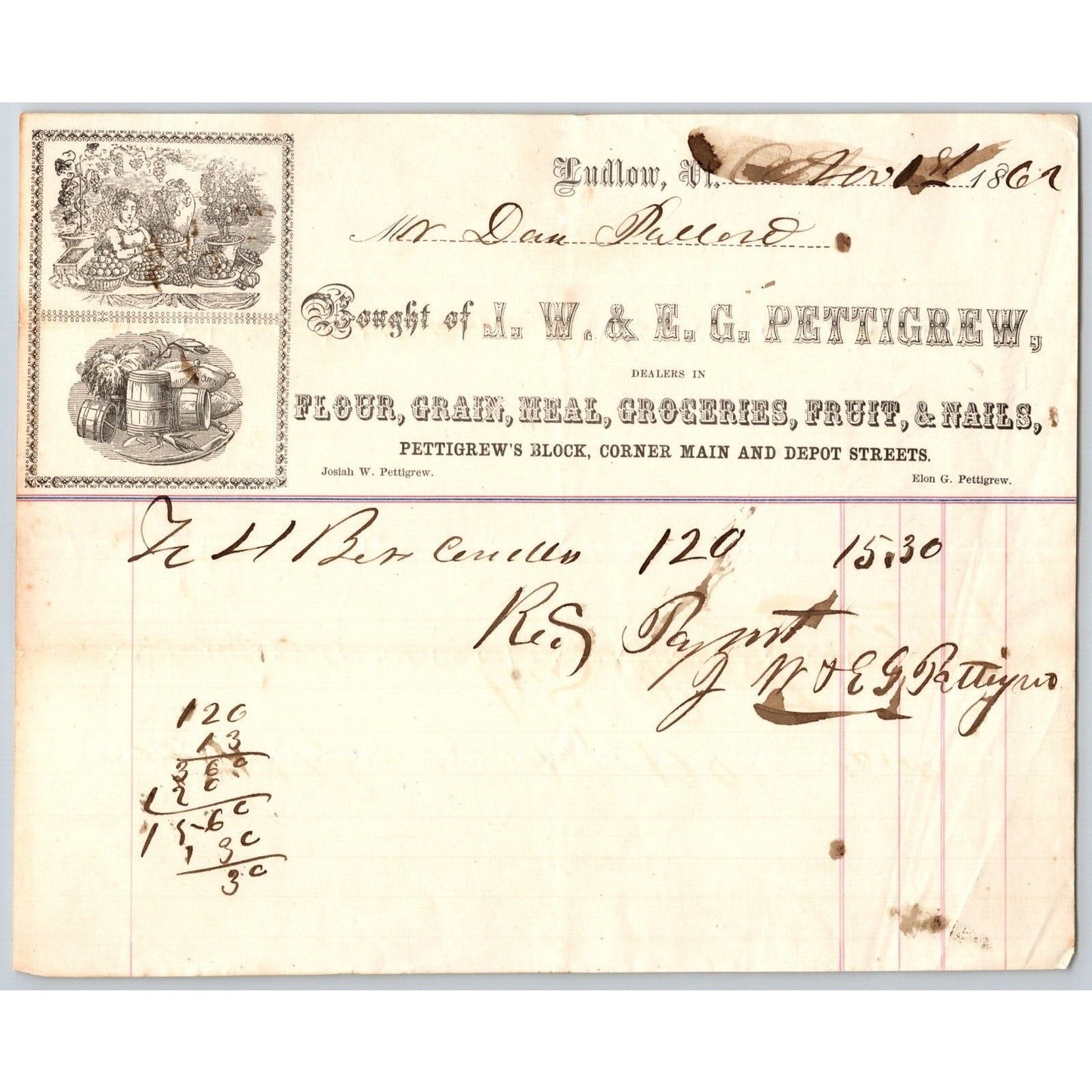 Ludlow, VT J.W. & E. G. Pettigrew Groceries Flour Grain 1862 Billhead Scarce