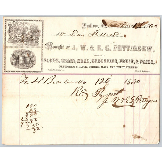 Ludlow, VT J.W. & E. G. Pettigrew Groceries Flour Grain 1862 Billhead Scarce