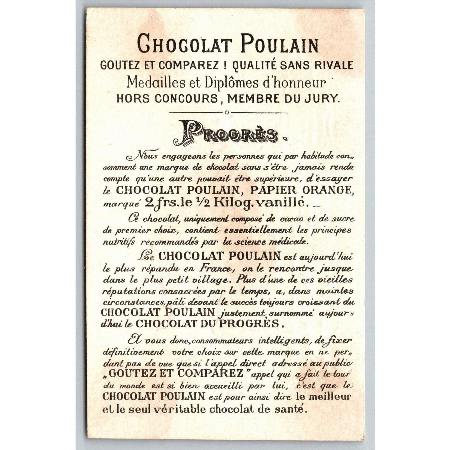 French Victorian Trade Card Chocolat Poulain - Outdoor Home Fall Scene