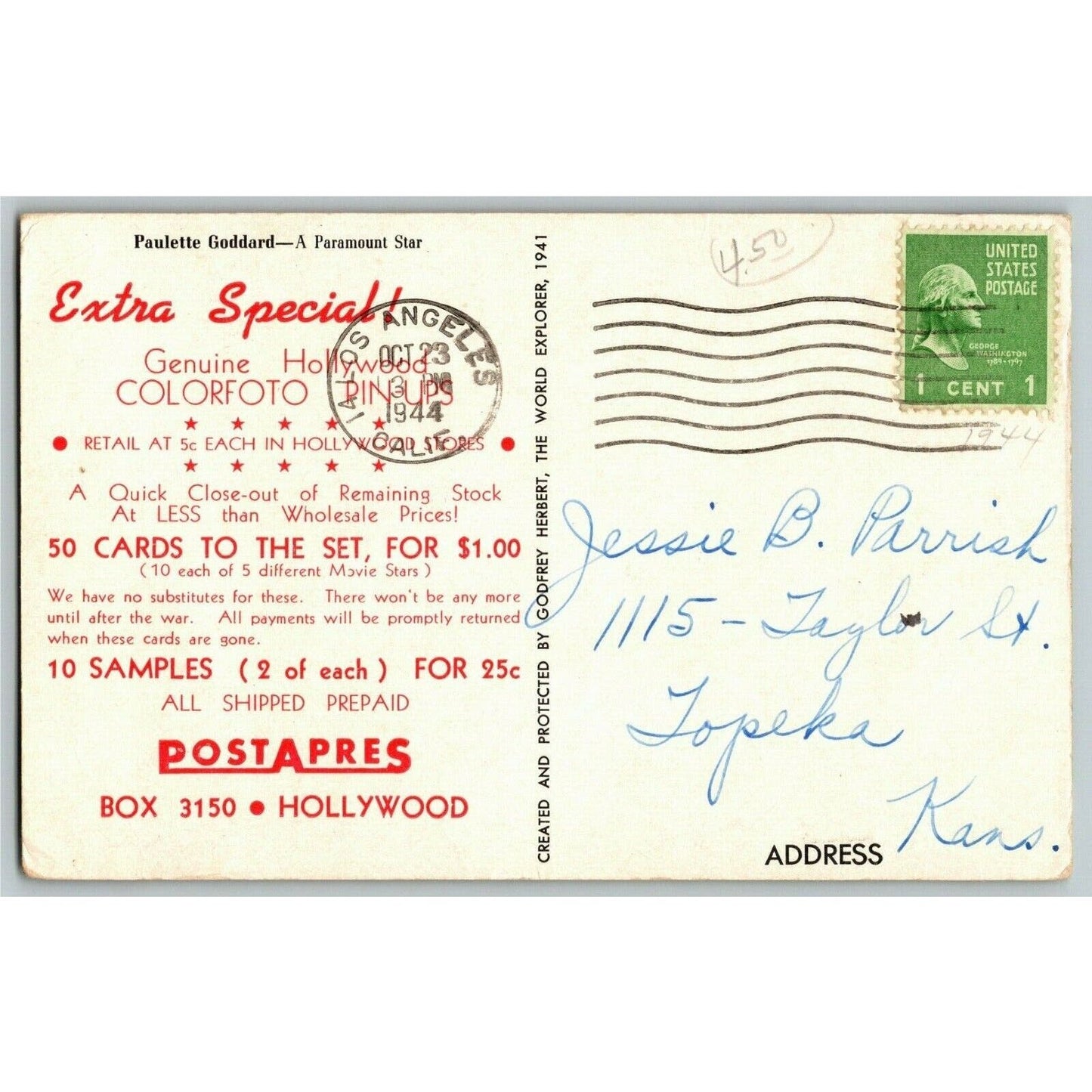 Paulette Goddard Vintage Postcard Ken Prag Collection