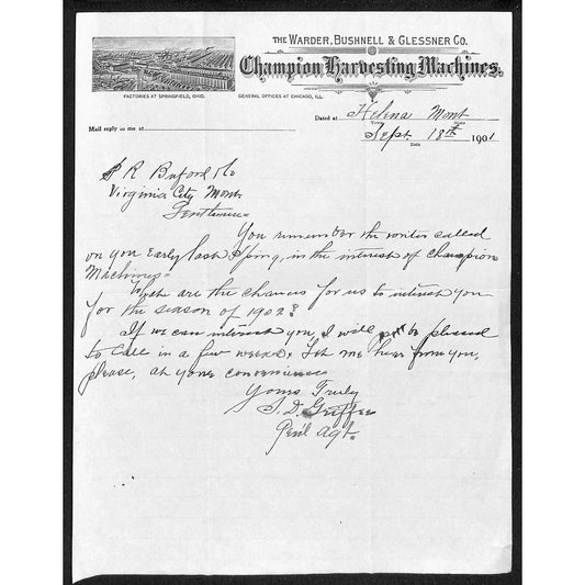 Warder Bushnell Glessner Champion Harvesting Machines 1901 Buford* Letterhead