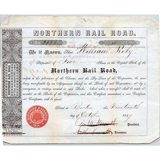 1847 Boston, MA Northern Railroad Stock Certificate No.2023 for 5 Shares