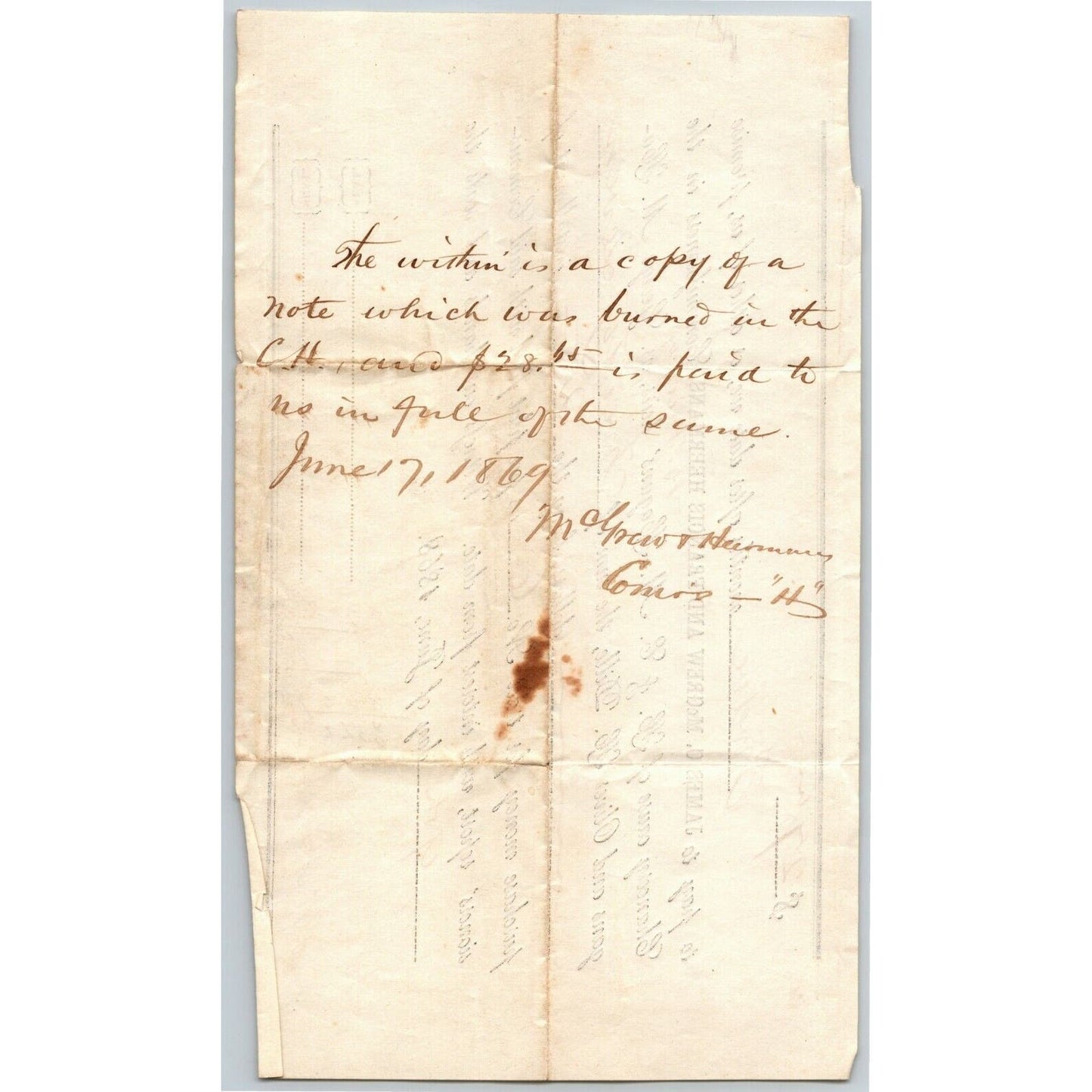 1868 Agreement to Pay Mc Grew & Heermans $27 Monthly for Tract of Land Document
