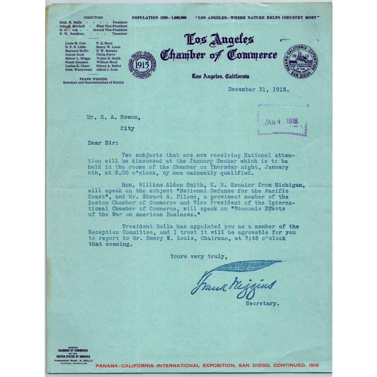 Los Angeles Chamber of Commerce 1915 Letterhead Panama-California Intl. Expo