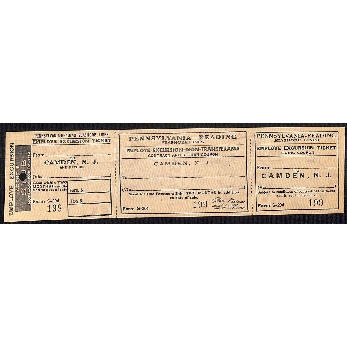 Pennsylvania - Reading RR Seashore Line SAMPLE Employee Excursion Ticket #199