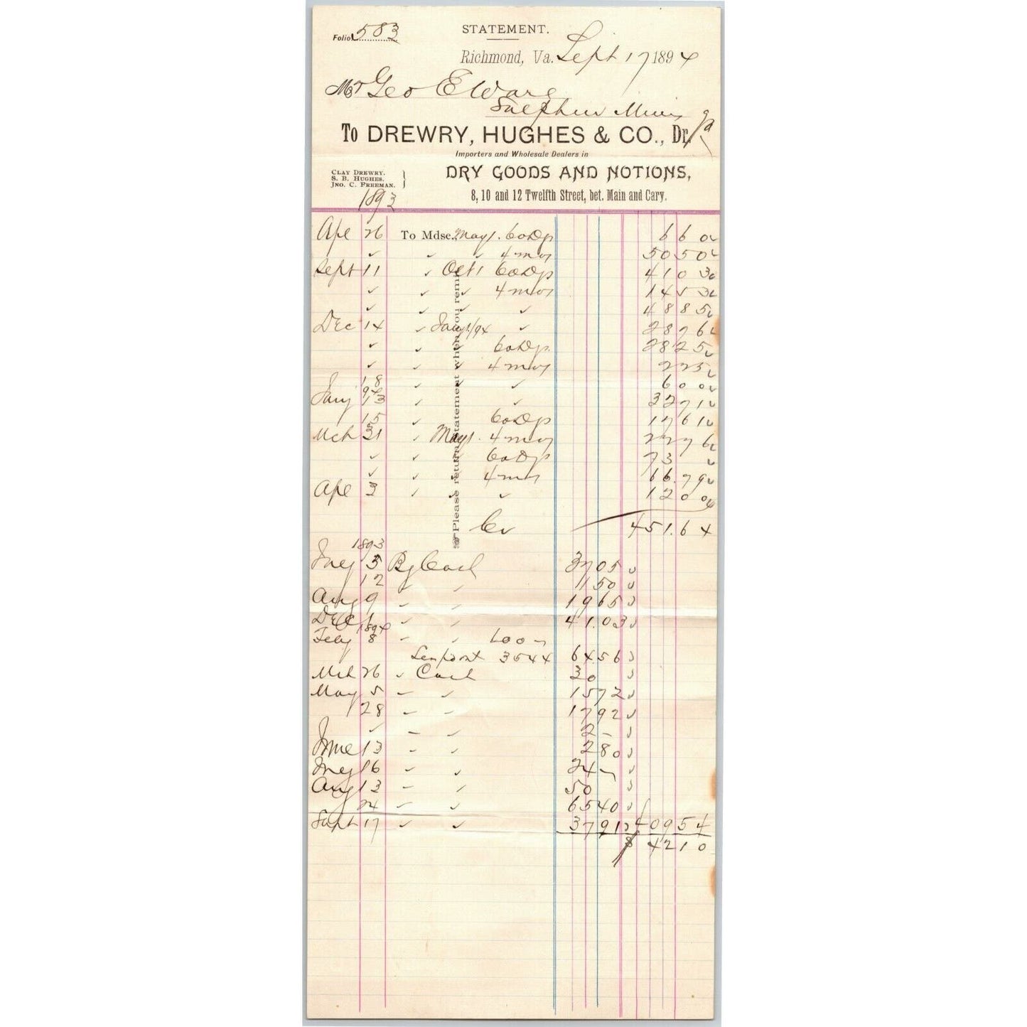 Drewry, Hughes & Co. Dry Goods Letterhead Richmond, VA to Geo. E. Wear 1897