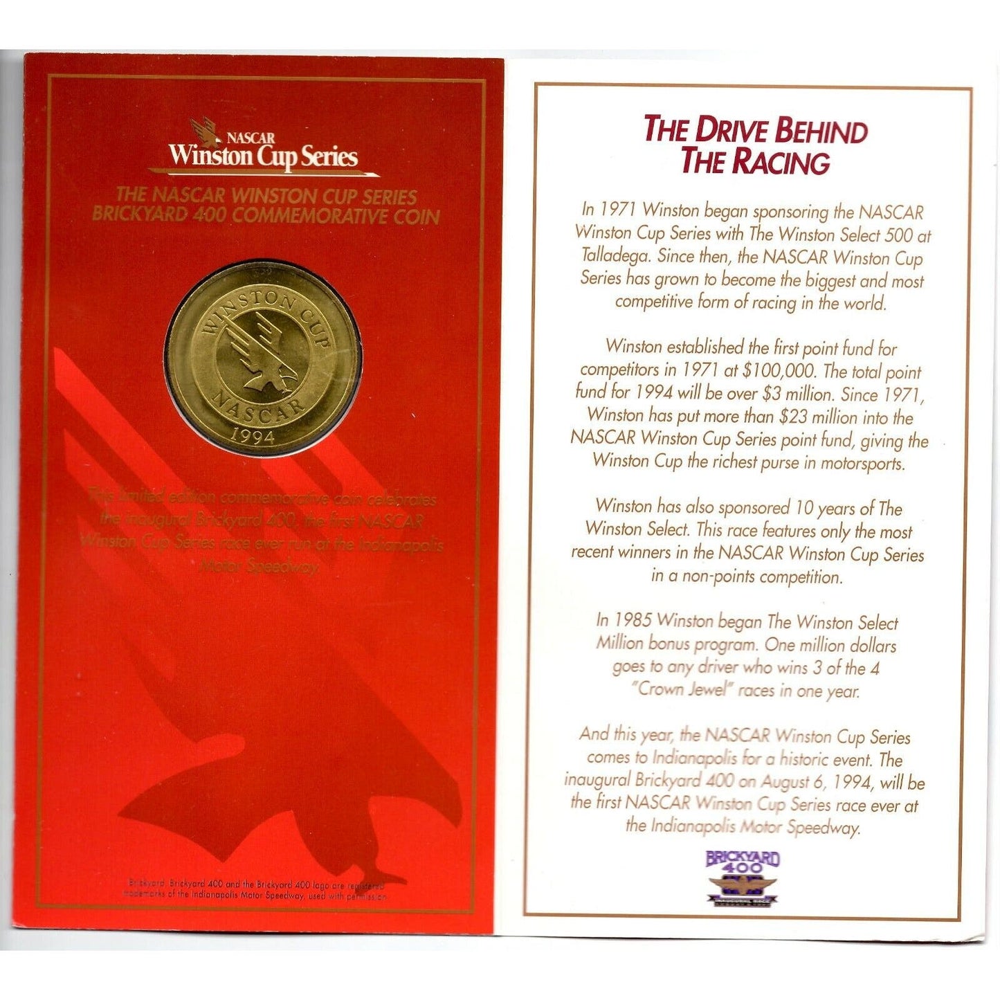 1994 Brickyard 400 Winston Cup Inaugural Race IMS Commemorative Coin NOS VGC