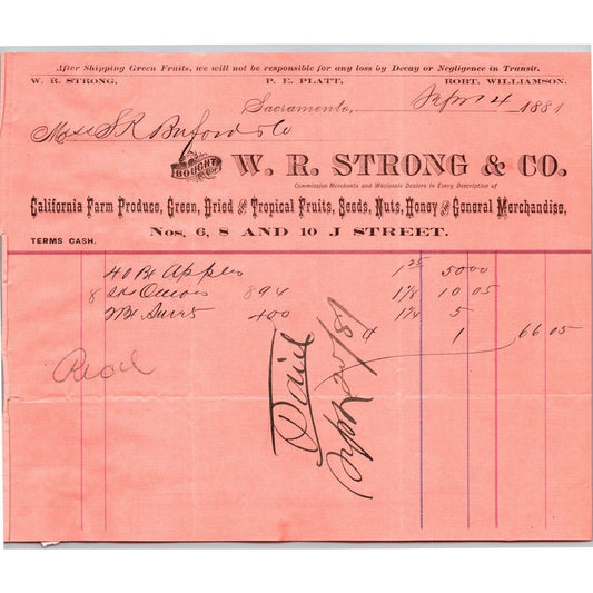 1881 W.R. Strong & Co. Farm Produce Sacramento Letterhead - S.R. Buford Montana