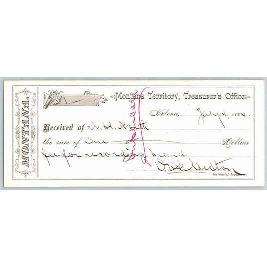 Montana Territory Treasurer's Office Check Helena, MT 1884 - VGC