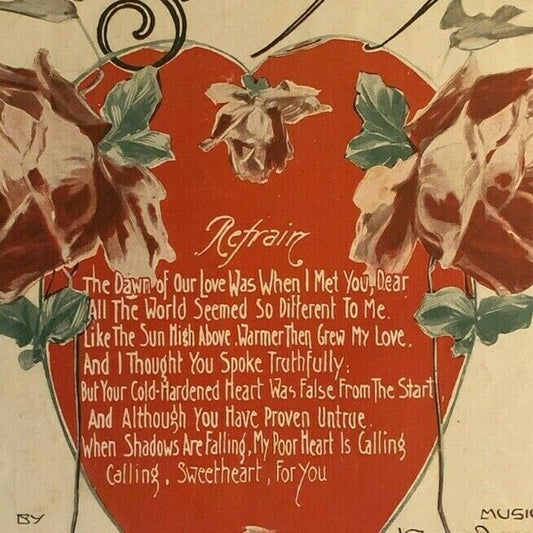 Vintage WWI Sheet Music "Calling Sweetheart For You" Heart Roses