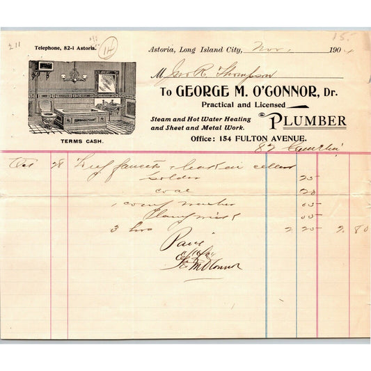 1904 Astoria LIC, NY Letterhead George M. O'Connor Plumber Steam & Hot Water
