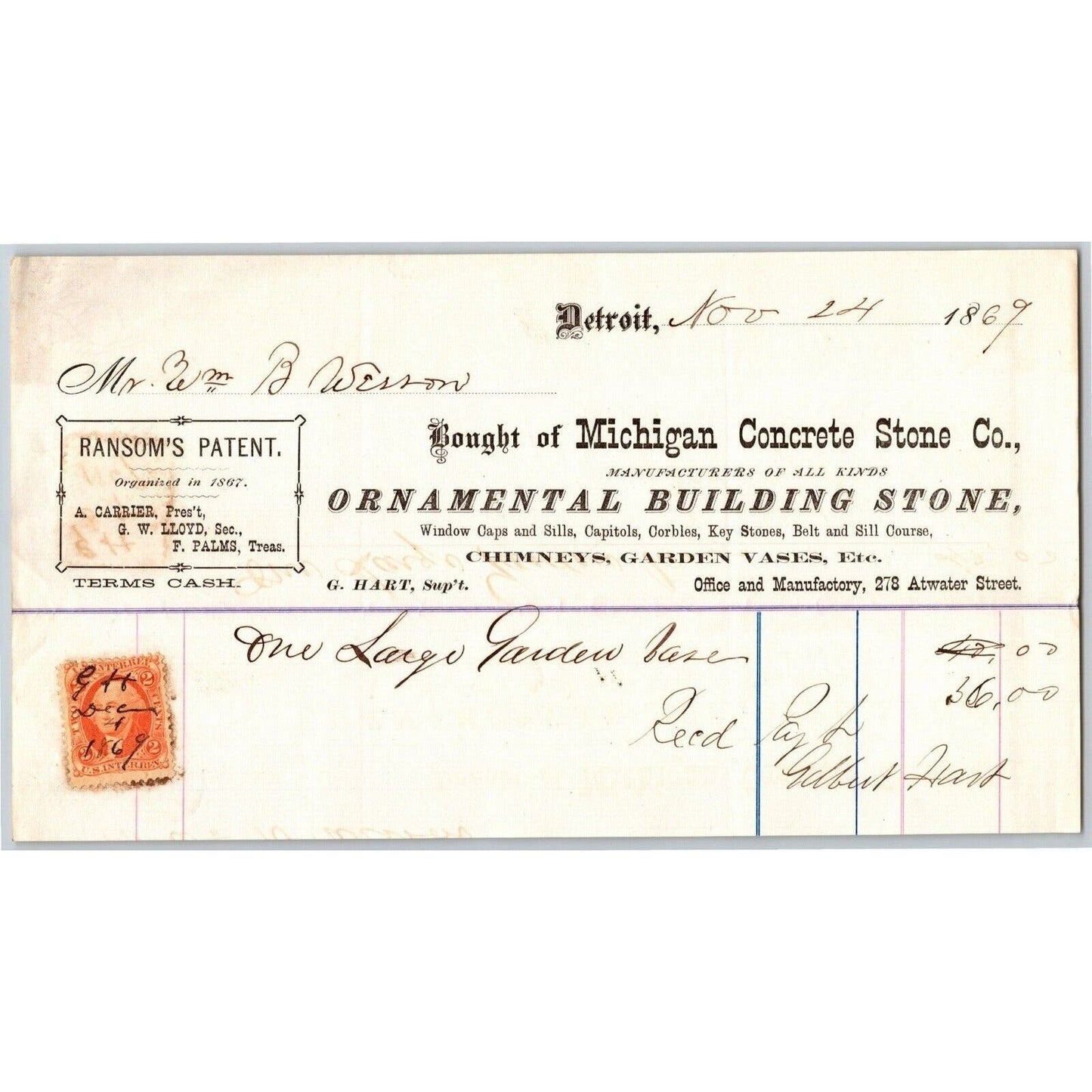 Detroit Letterhead Michigan Concrete Stone Co. Ornamental 1869 w/ Rev Stamp