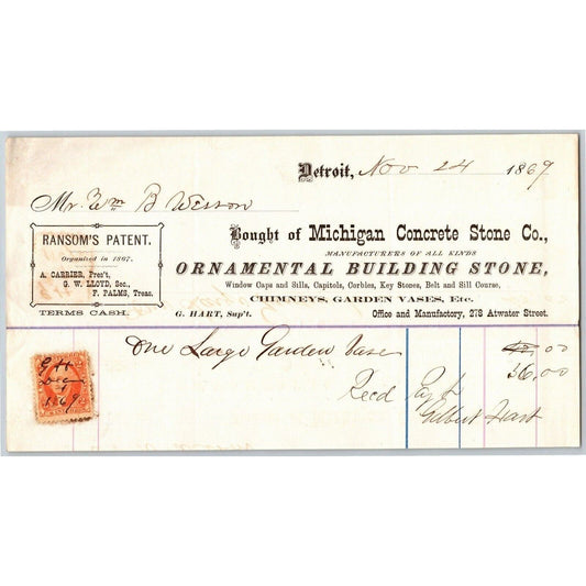 Detroit Letterhead Michigan Concrete Stone Co. Ornamental 1869 w/ Rev Stamp