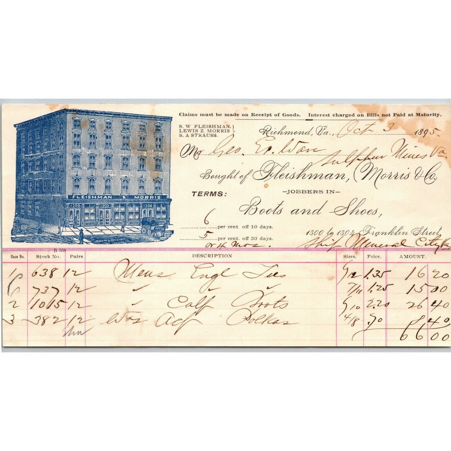 Fleishman & Morris Boots Shoes Richmond, VA Letterhead to Geo. E. Wear 1895