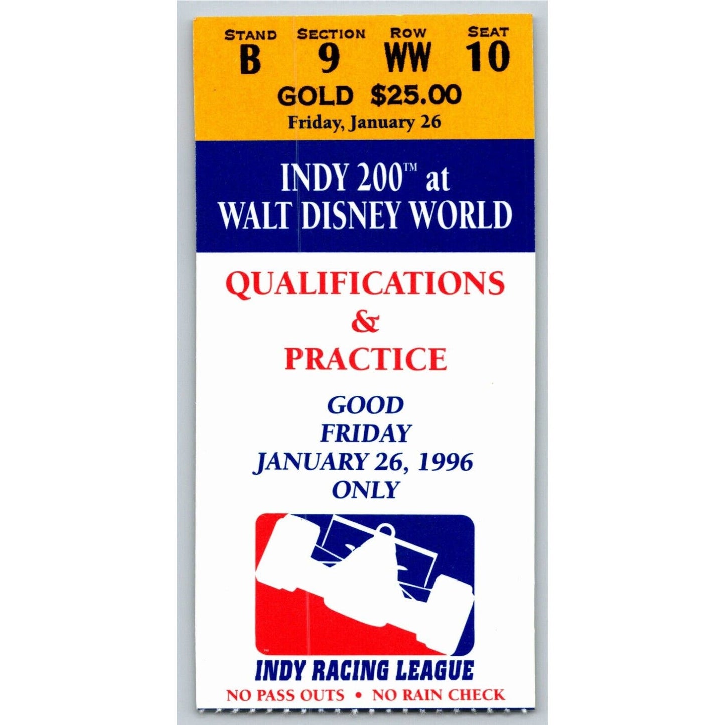 1996 Indy 200 Walt Disney World Qualifications & Practice Ticket Stub Seat 10