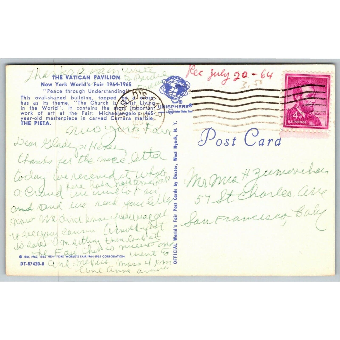 Vintage 1964-65 World's Fair Postcard - - The Vatican Building