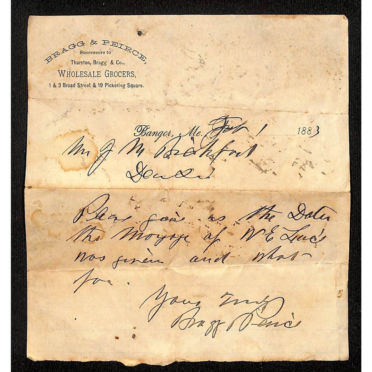 Bangor, ME Bragg & Peirce Wholesale Grocers Broad Street Pickering 1883 Billhead