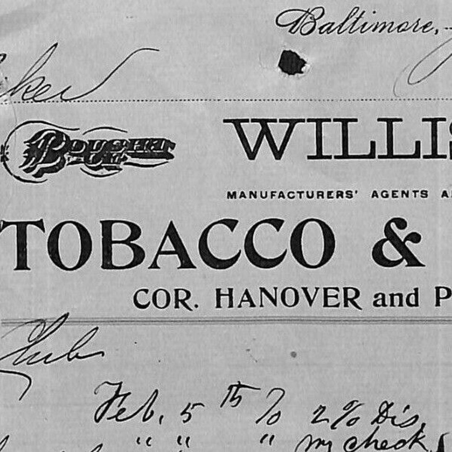 1900 Scarce Letterhead Billhead Willis & Co. Tobacco Cigar Baltimore - E. Baker*