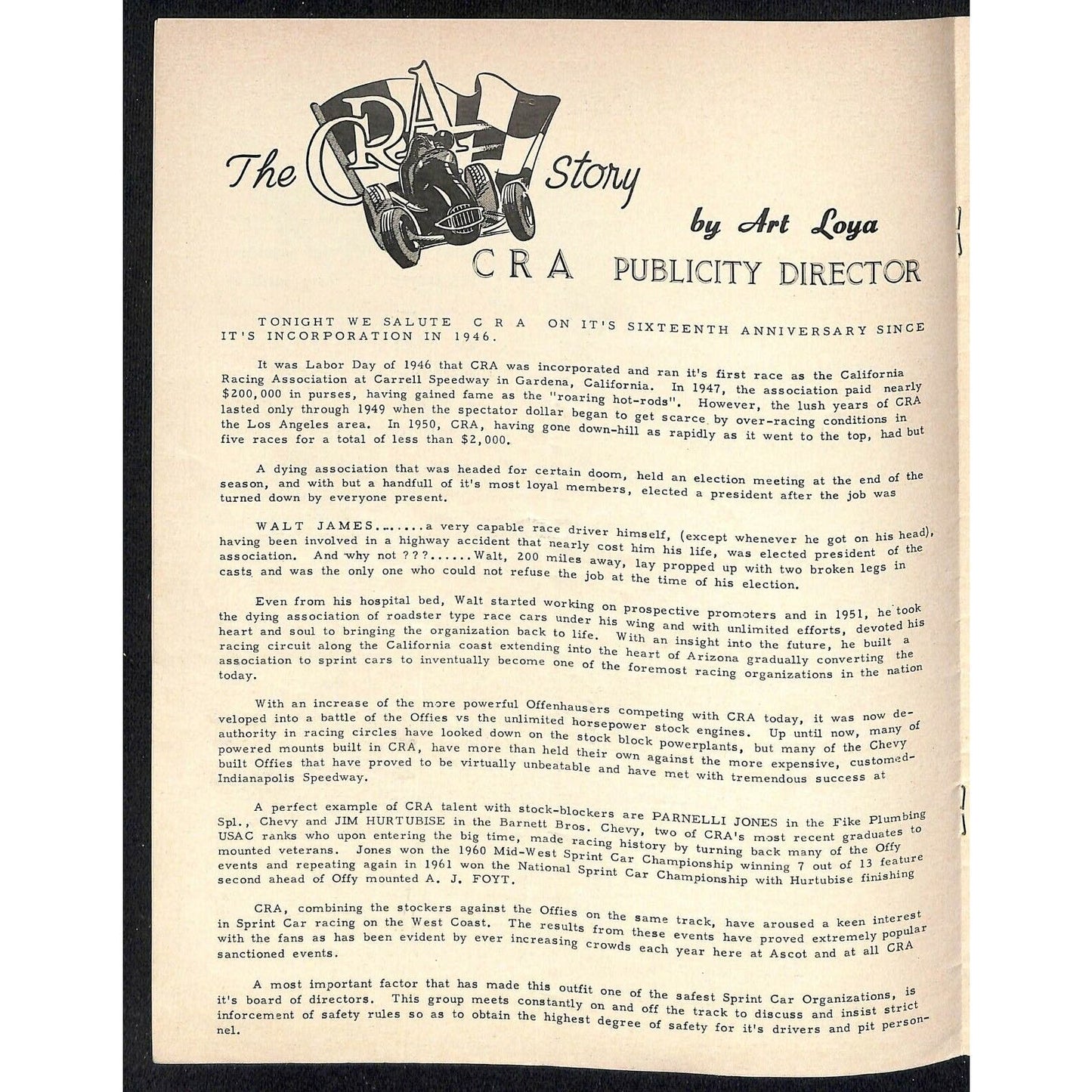 Scarce Sept 3 1962 CRA Big Car Races Auto Racing Program Ascot Gardena 8pp.