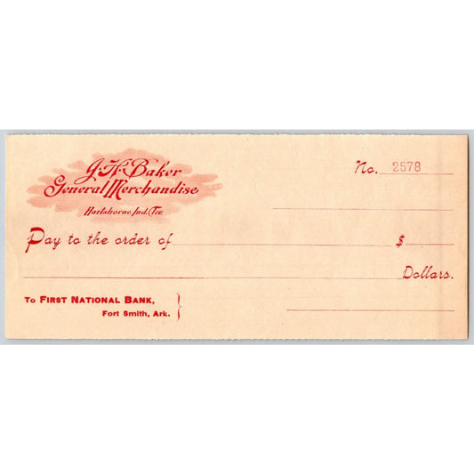 Hartshorne, OK Indian Territory Unused Bank Check G.H. Baker Gen. Merchandise