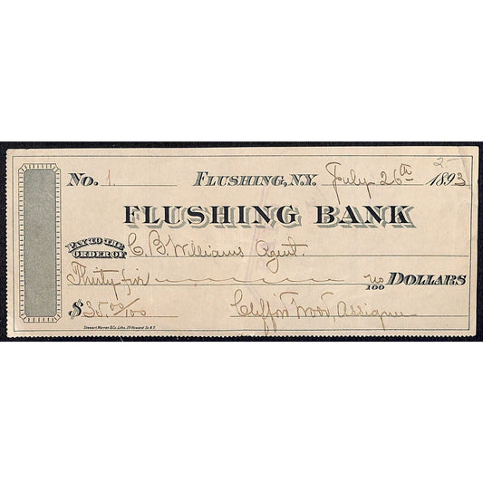 Flushing Bank Check 1893 / Billhead